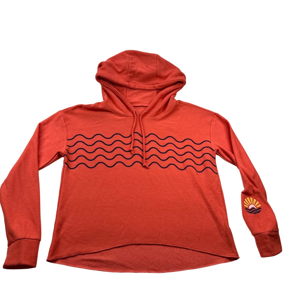 Chaser Womens XS Coral Orange Wave Graphic Fleece Hoodie High Low Raw Hem
